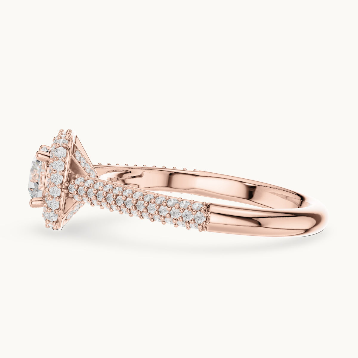 Round lab-grown diamond halo engagement ring with wide pavé band in rose gold, 1.30 CT TW, view 3