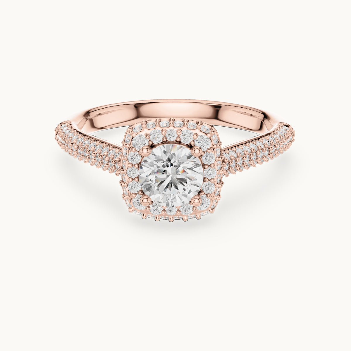 Round lab-grown diamond halo engagement ring with wide pavé band in rose gold, 1.30 CT TW, view 4