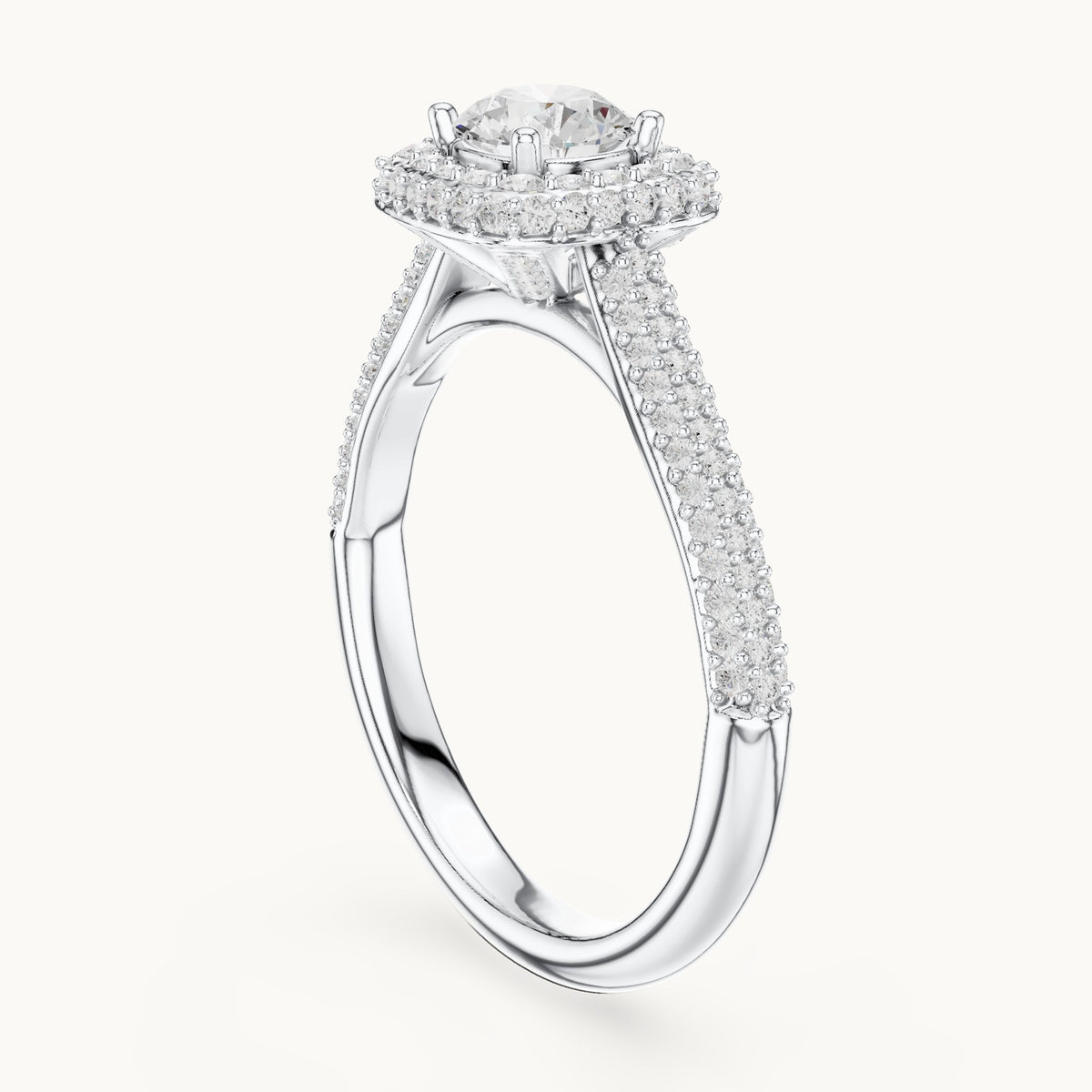 Round lab-grown diamond halo engagement ring with wide pavé band in white gold, 1.30 CT TW, view 1
