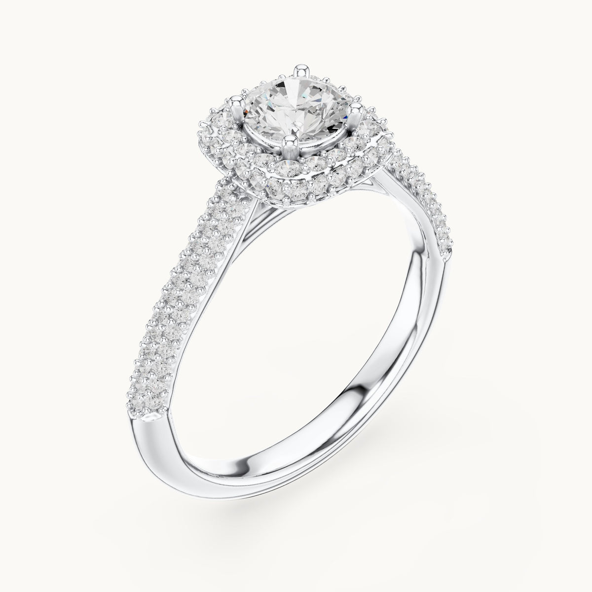Round lab-grown diamond halo engagement ring with wide pavé band in white gold, 1.30 CT TW, view 2