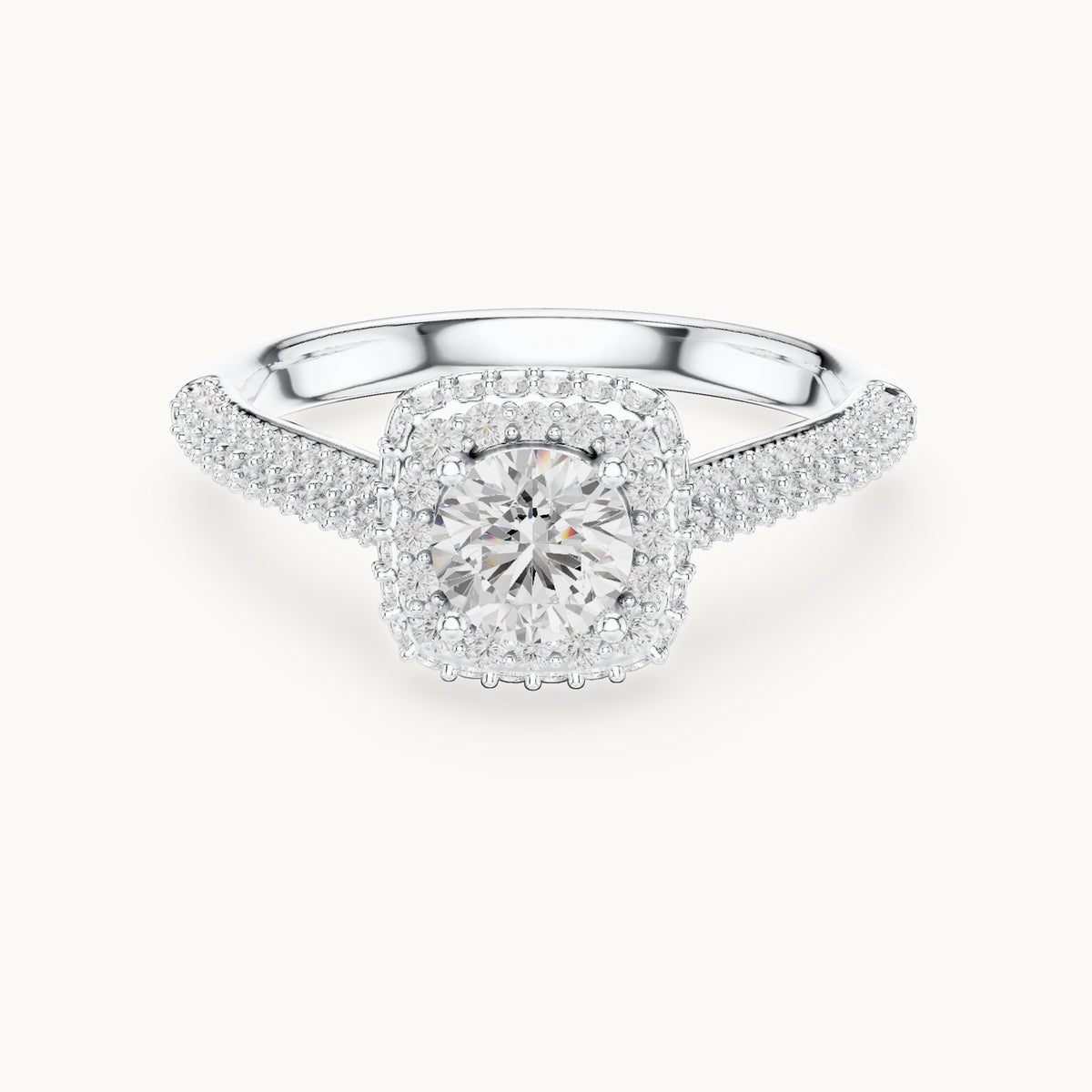 Round lab-grown diamond halo engagement ring with wide pavé band in white gold, 1.30 CT TW, view 4