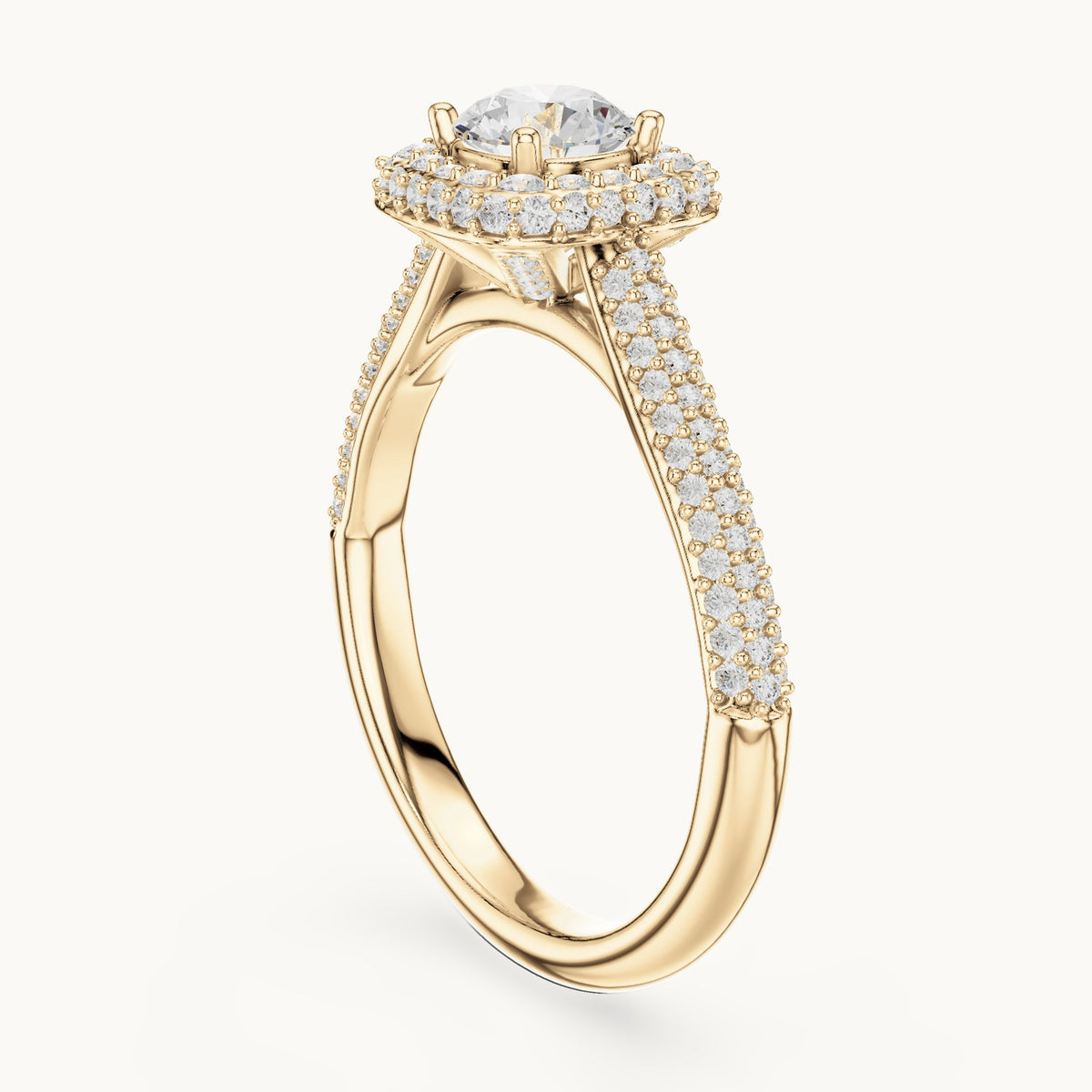 Round lab-grown diamond halo engagement ring with wide pavé band in yellow gold, 1.30 CT TW, view 1