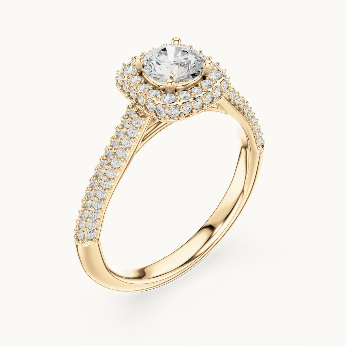 Round lab-grown diamond halo engagement ring with wide pavé band in yellow gold, 1.30 CT TW, view 2