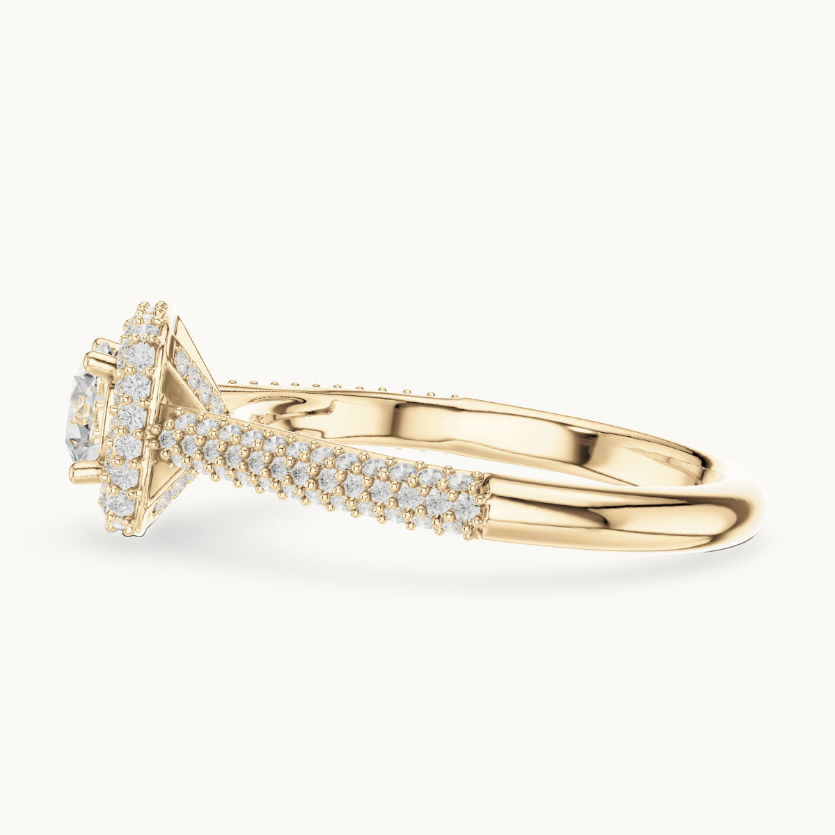Round lab-grown diamond halo engagement ring with wide pavé band in yellow gold, 1.30 CT TW, view 3