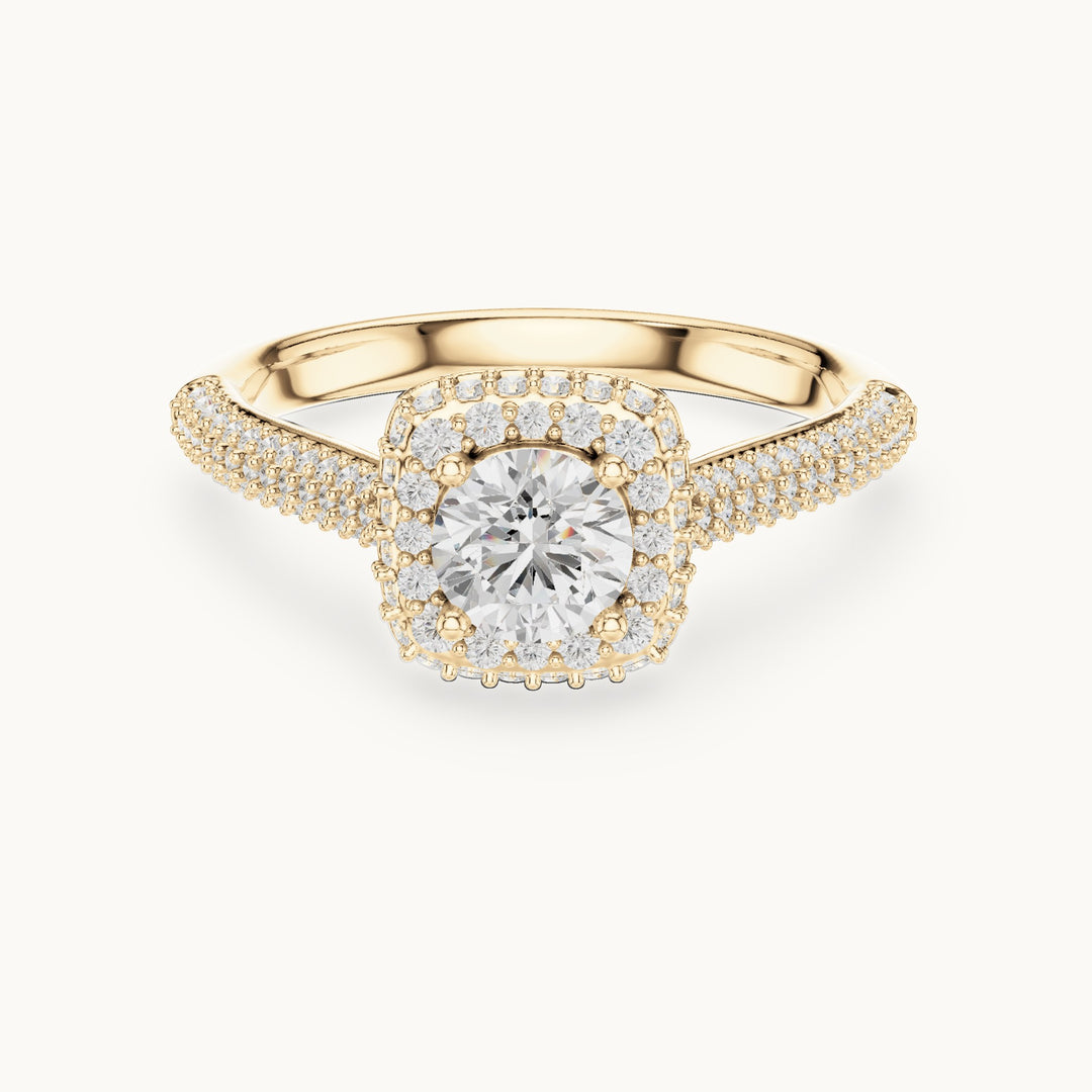 Round lab-grown diamond halo engagement ring with wide pavé band in yellow gold, 1.30 CT TW, view 4