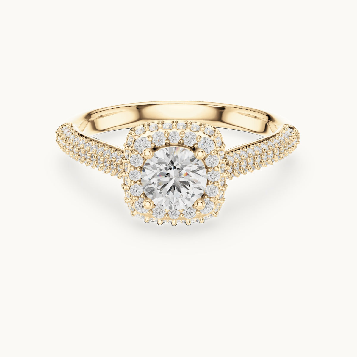 Round lab-grown diamond halo engagement ring with wide pavé band in yellow gold, 1.30 CT TW, view 4