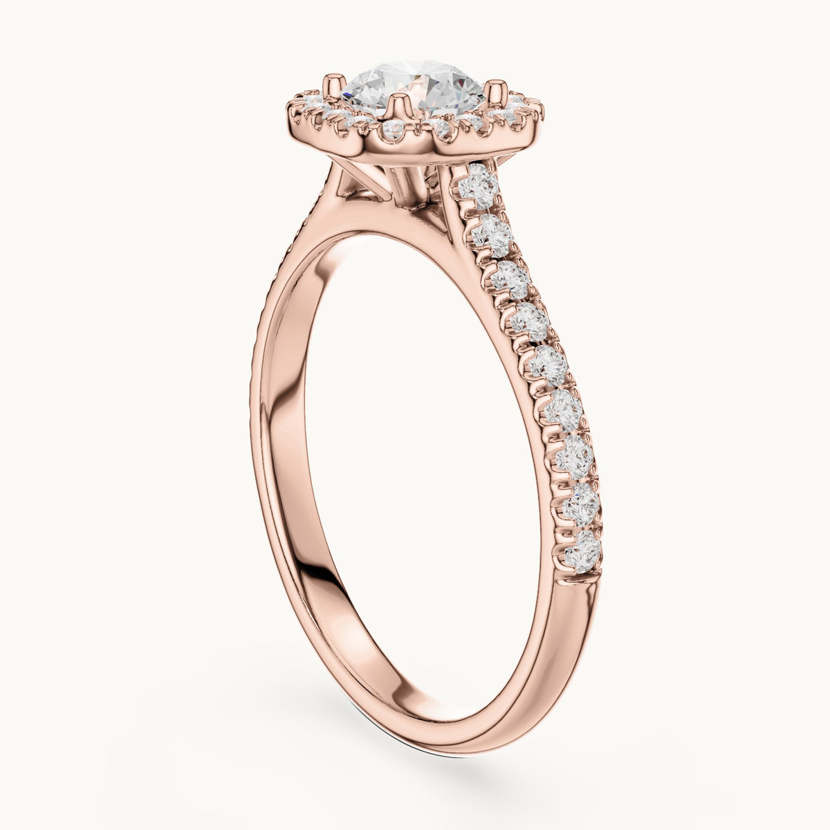 Round lab-grown diamond cushion halo engagement ring in rose gold, 1.20 CT TW, view 1