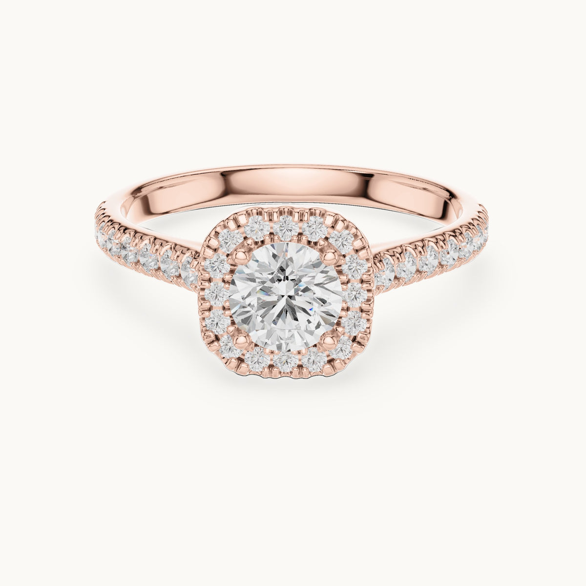 Round lab-grown diamond cushion halo engagement ring in rose gold, 1.20 CT TW, view 4