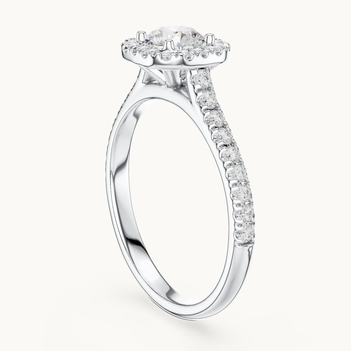 Round lab-grown diamond cushion halo engagement ring in white gold, 1.20 CT TW, view 1