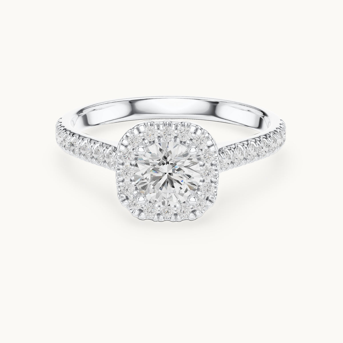 Round lab-grown diamond cushion halo engagement ring in white gold, 1.20 CT TW, view 4