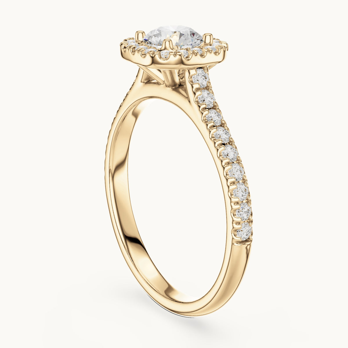 Round lab-grown diamond cushion halo engagement ring in yellow gold, 1.20 CT TW, view 1