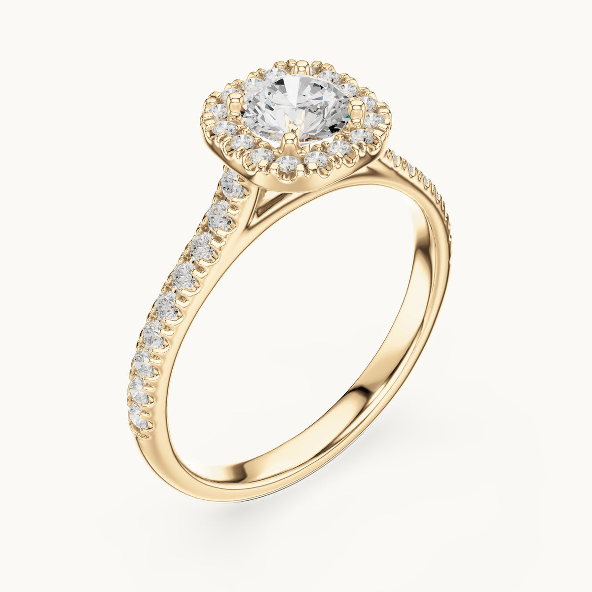Round lab-grown diamond cushion halo engagement ring in yellow gold, 1.20 CT TW, view 2