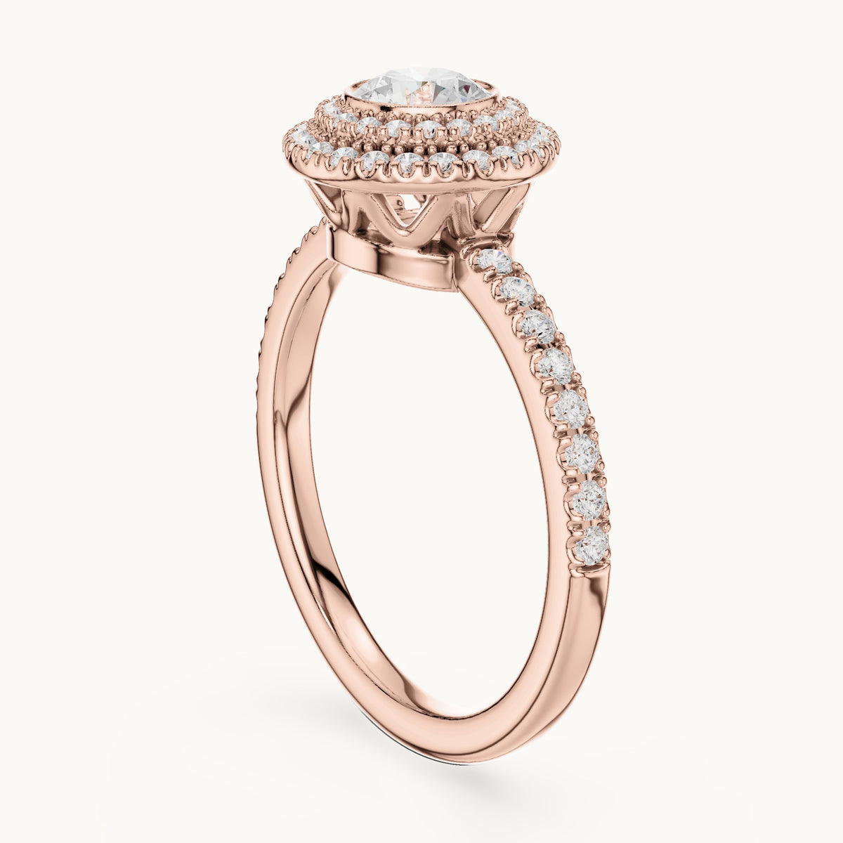 Round lab-grown diamond double halo pavé engagement ring in rose gold, 1.13 CT TW, view 1
