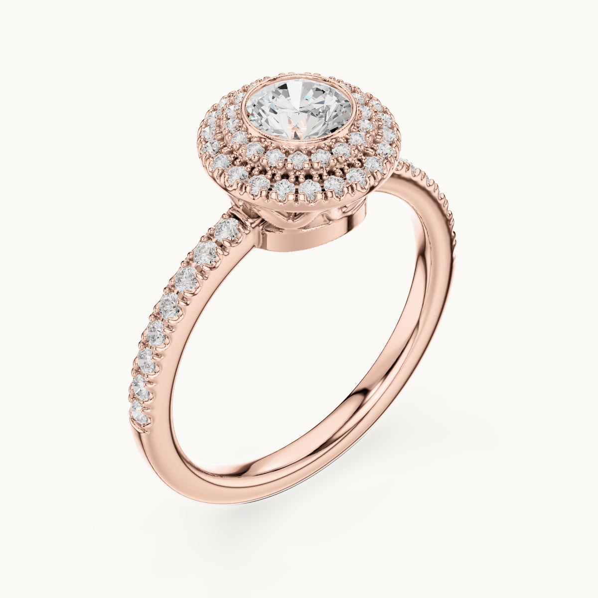 Round lab-grown diamond double halo pavé engagement ring in rose gold, 1.13 CT TW, view 2