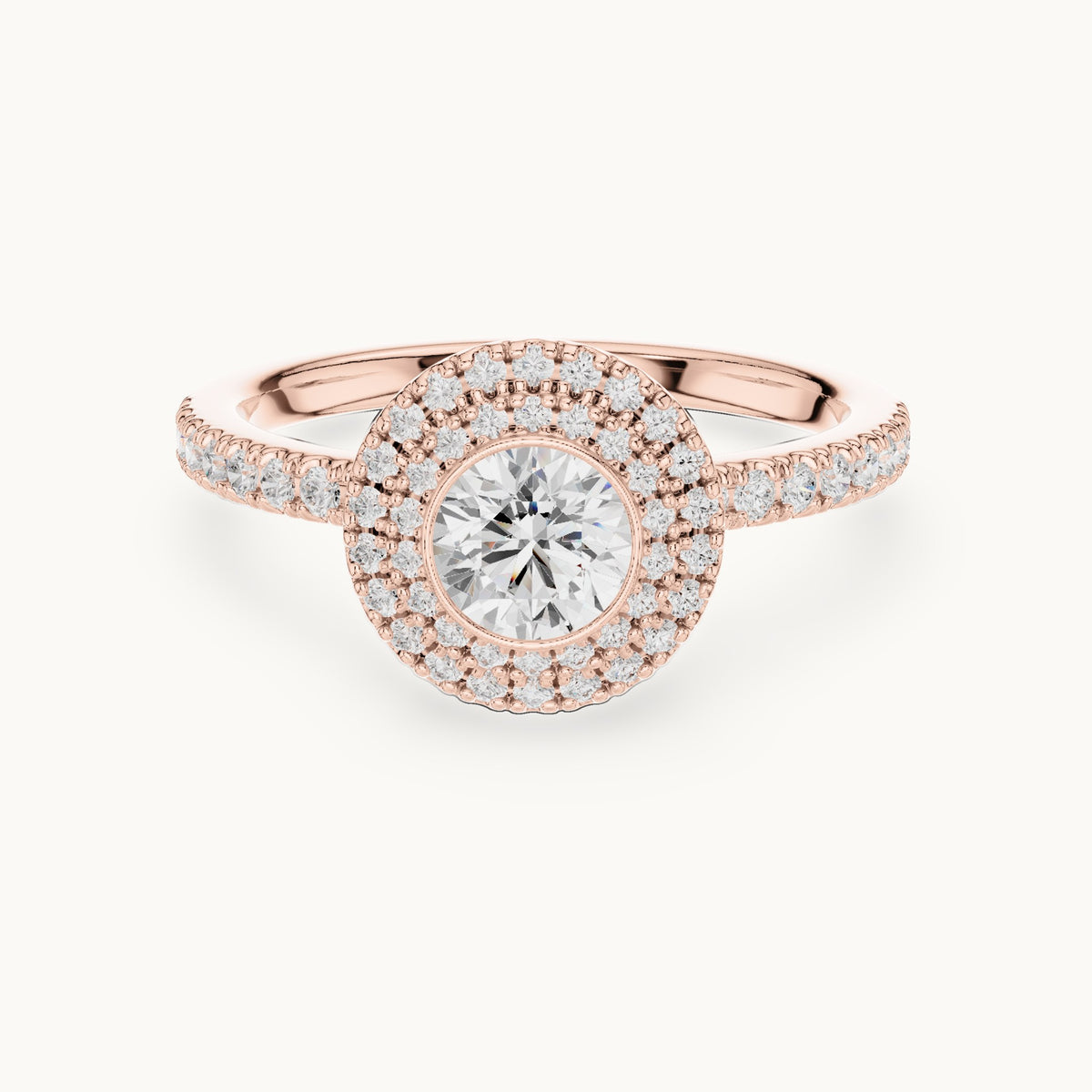 Round lab-grown diamond double halo pavé engagement ring in rose gold, 1.13 CT TW, view 4