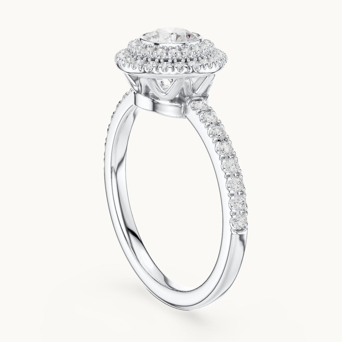 Round lab-grown diamond double halo pavé engagement ring in white gold, 1.13 CT TW, view 1