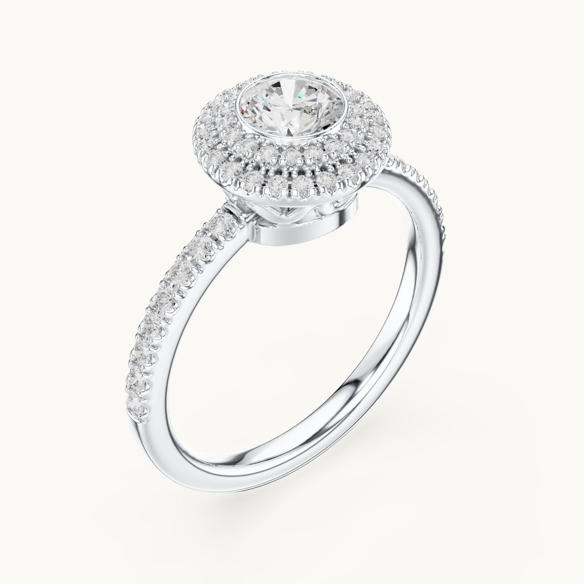 Round lab-grown diamond double halo pavé engagement ring in white gold, 1.13 CT TW, view 2