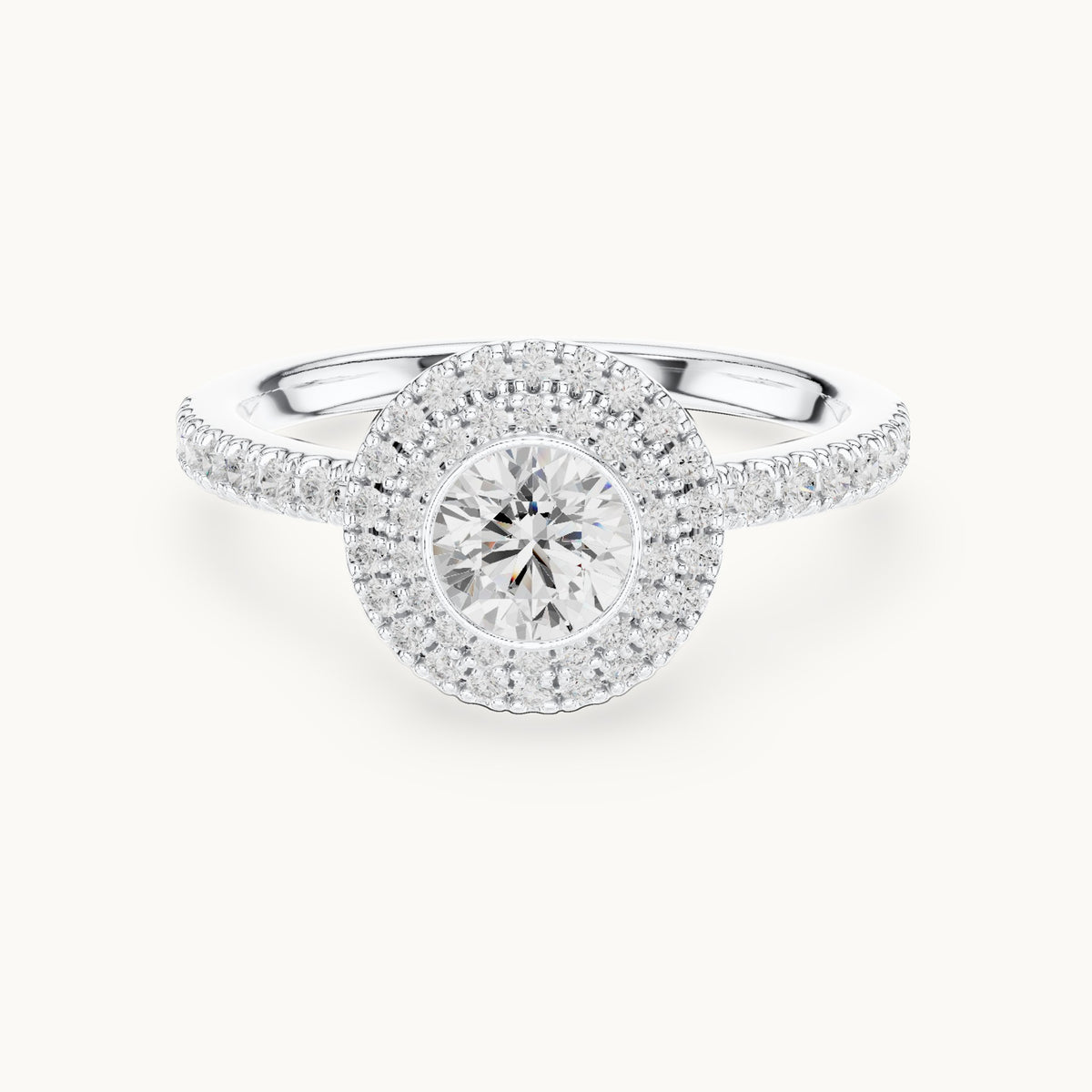 Round lab-grown diamond double halo pavé engagement ring in white gold, 1.13 CT TW, view 4