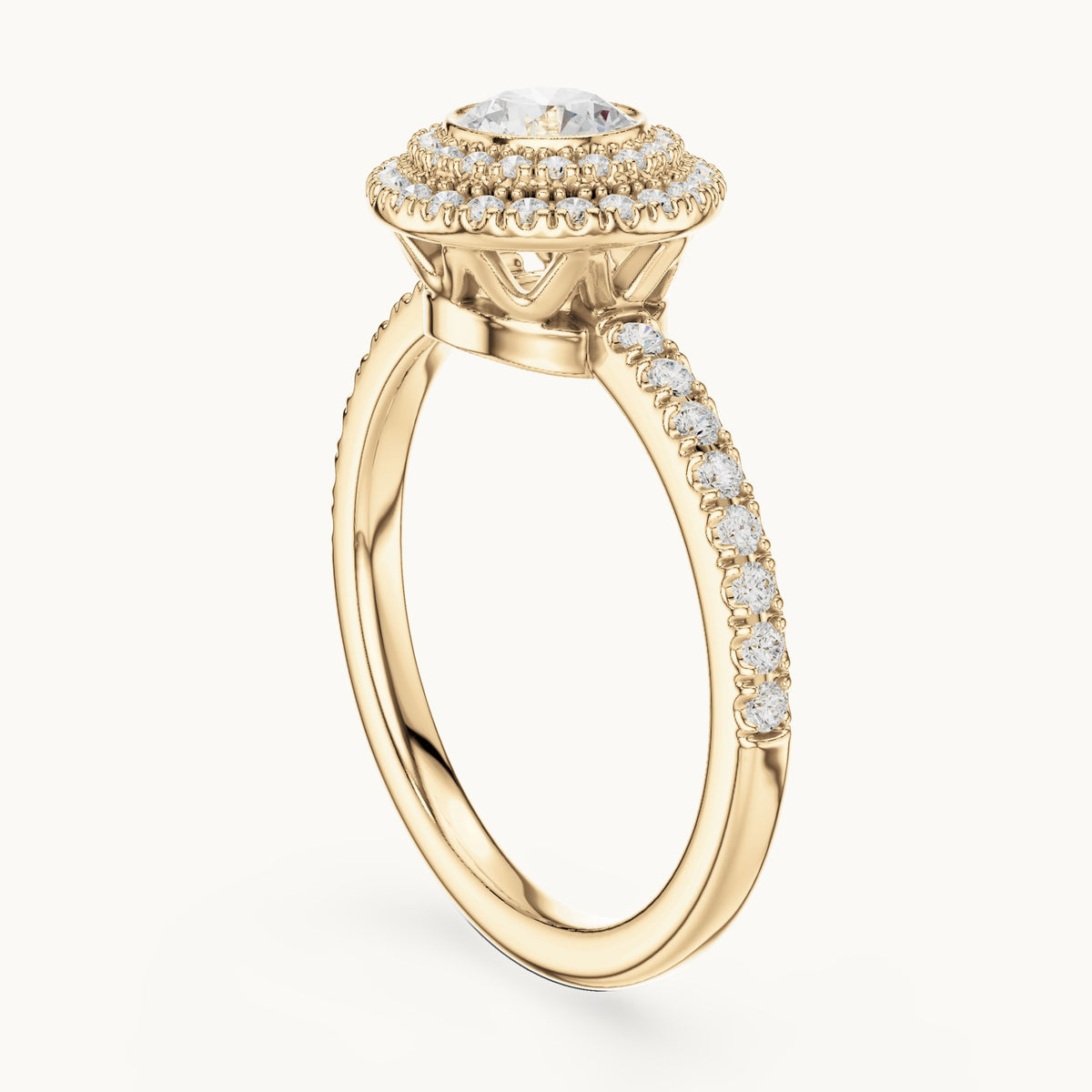 Round lab-grown diamond double halo pavé engagement ring in yellow gold, 1.13 CT TW, view 1