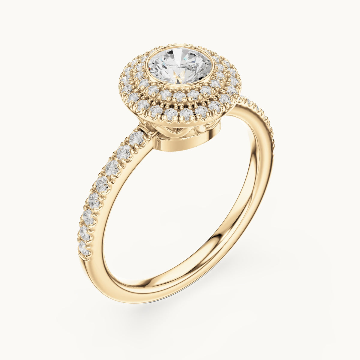 Round lab-grown diamond double halo pavé engagement ring in yellow gold, 1.13 CT TW, view 2