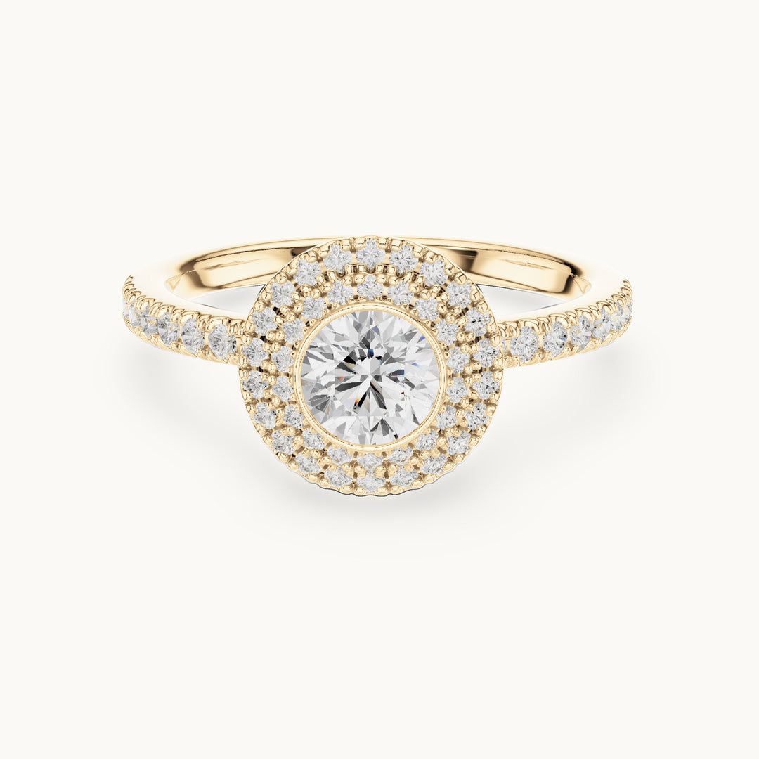 Round lab-grown diamond double halo pavé engagement ring in yellow gold, 1.13 CT TW, view 4