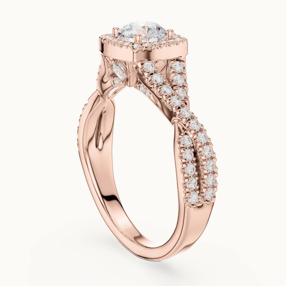 Round lab-grown diamond twisted pavé halo engagement ring in rose gold, 1.27 CT TW, view 1