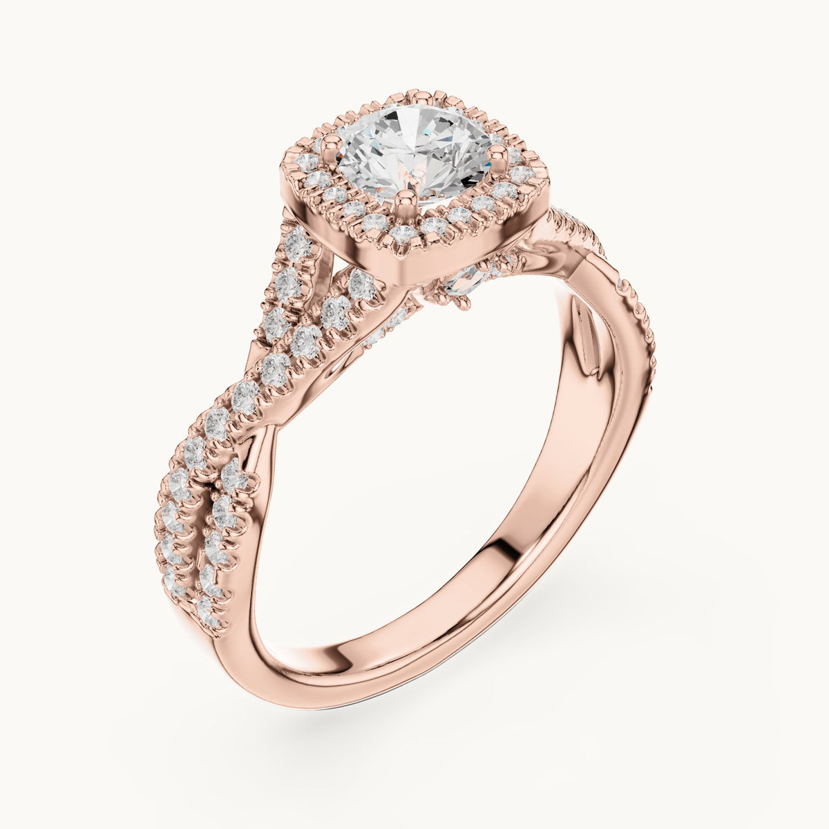 Round lab-grown diamond twisted pavé halo engagement ring in rose gold, 1.27 CT TW, view 2
