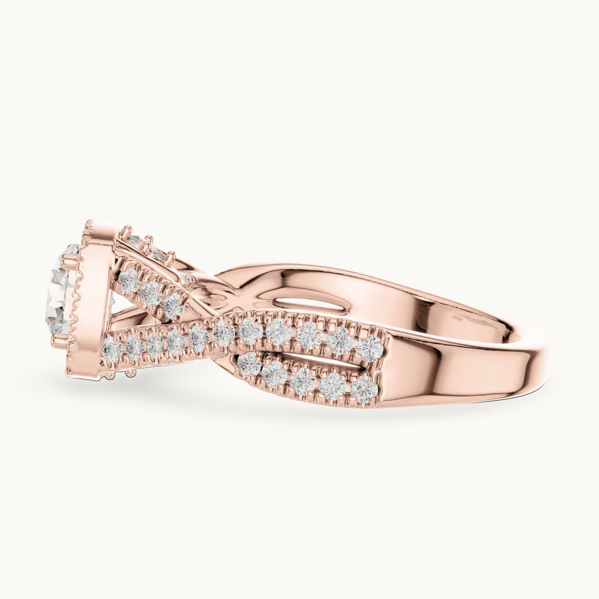 Round lab-grown diamond twisted pavé halo engagement ring in rose gold, 1.27 CT TW, view 3