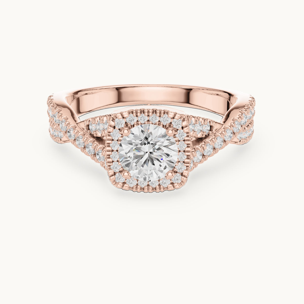 Round lab-grown diamond twisted pavé halo engagement ring in rose gold, 1.27 CT TW, view 4