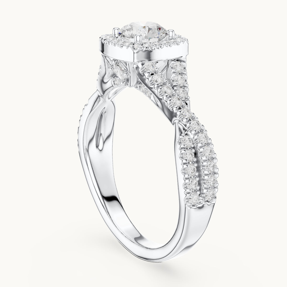 Round lab-grown diamond twisted pavé halo engagement ring in white gold, 1.27 CT TW, view 1