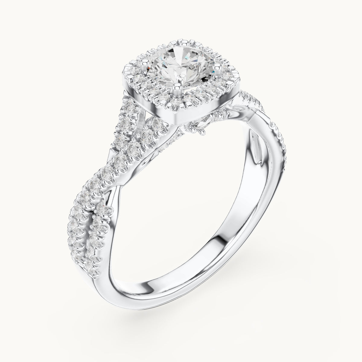 Round lab-grown diamond twisted pavé halo engagement ring in white gold, 1.27 CT TW, view 2