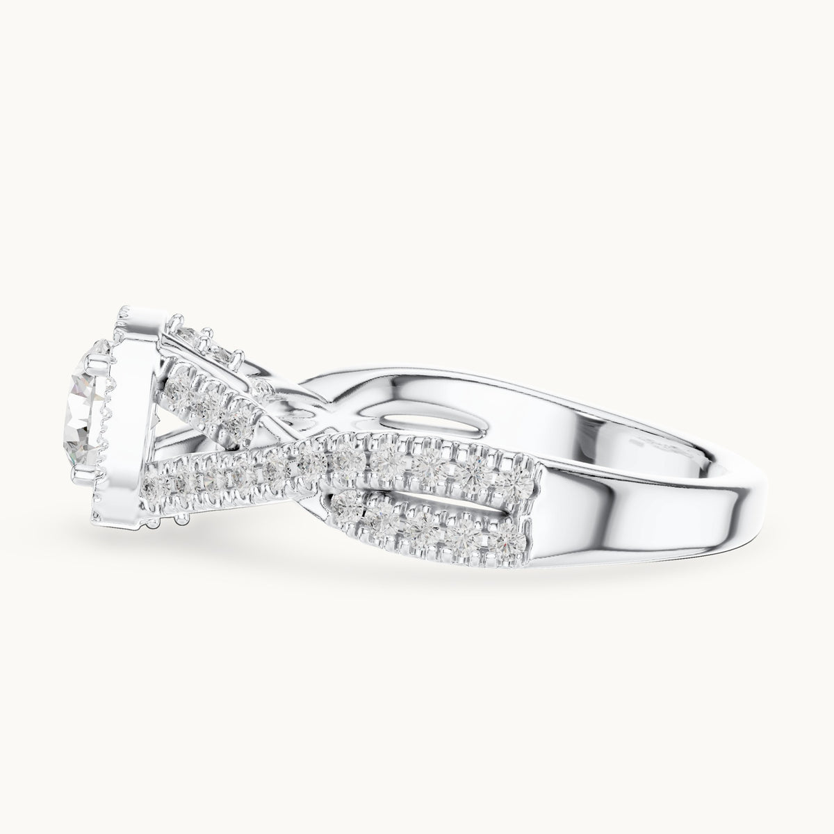 Round lab-grown diamond twisted pavé halo engagement ring in white gold, 1.27 CT TW, view 3