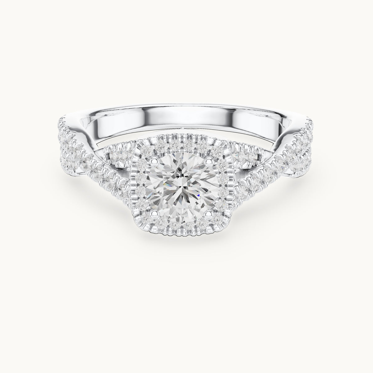 Round lab-grown diamond twisted pavé halo engagement ring in white gold, 1.27 CT TW, view 4