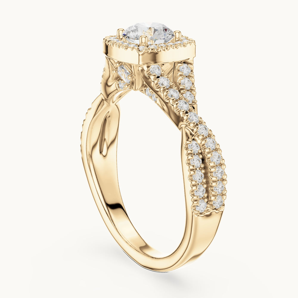 Round lab-grown diamond twisted pavé halo engagement ring in yellow gold, 1.27 CT TW, view 1