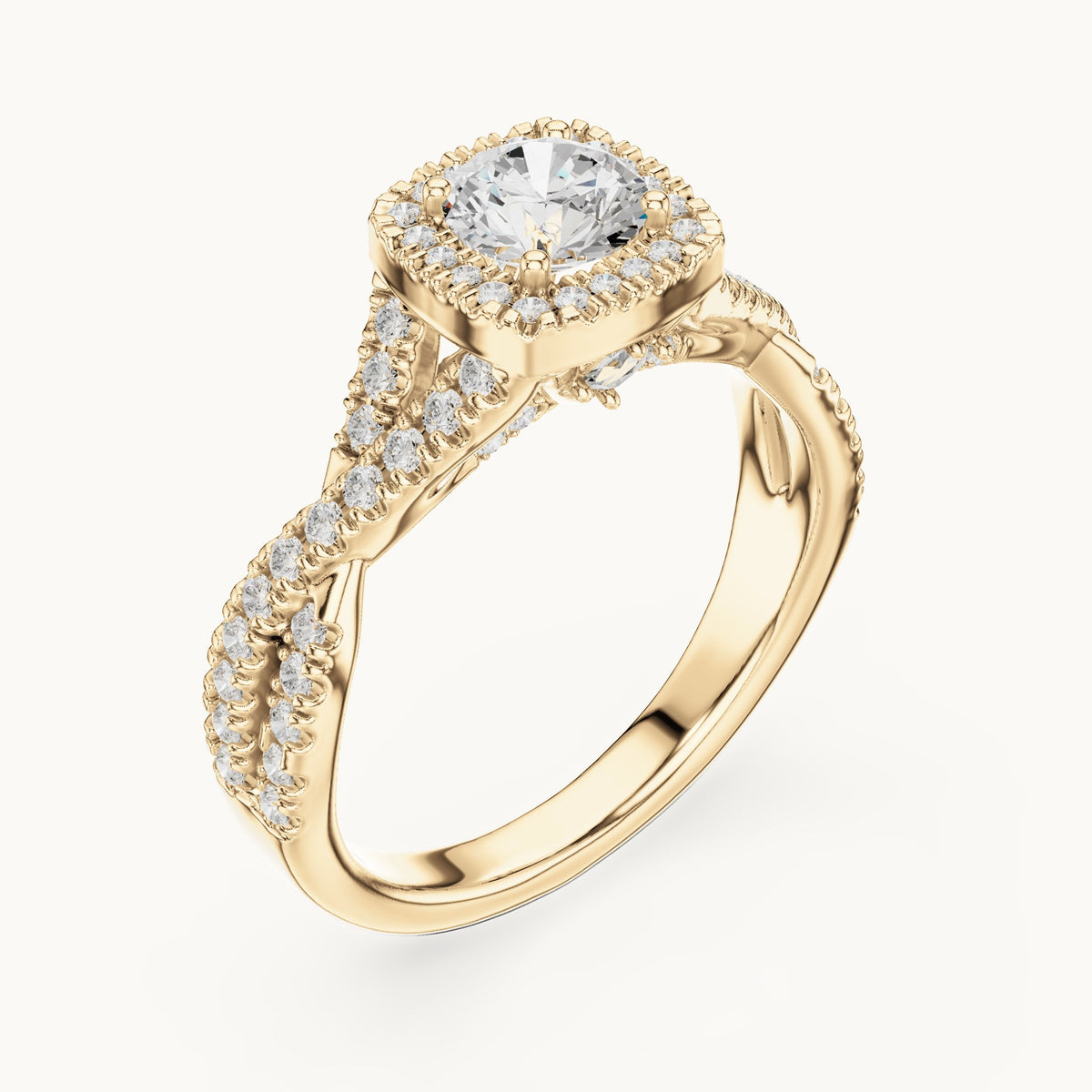 Round lab-grown diamond twisted pavé halo engagement ring in yellow gold, 1.27 CT TW, view 2