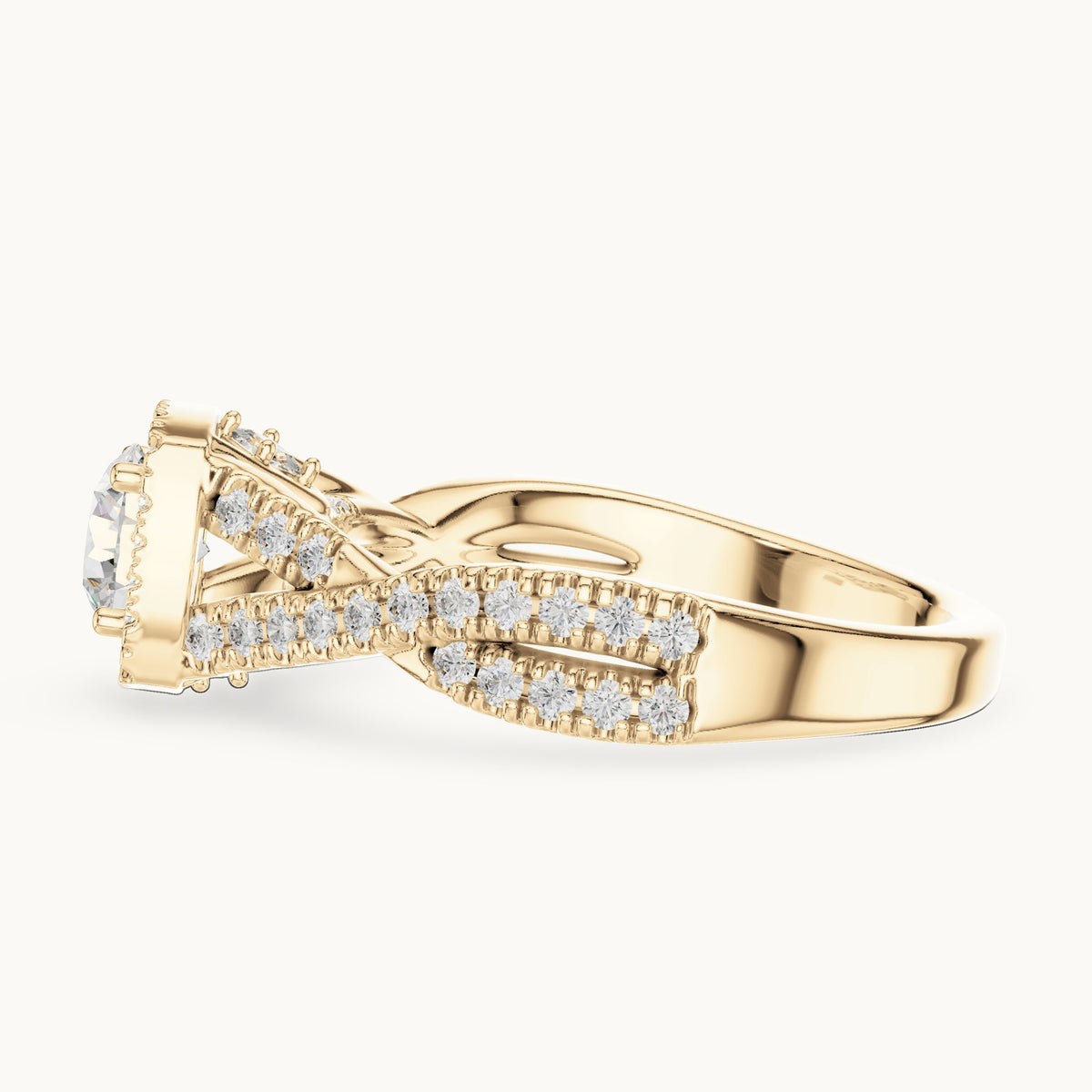 Round lab-grown diamond twisted pavé halo engagement ring in yellow gold, 1.27 CT TW, view 3