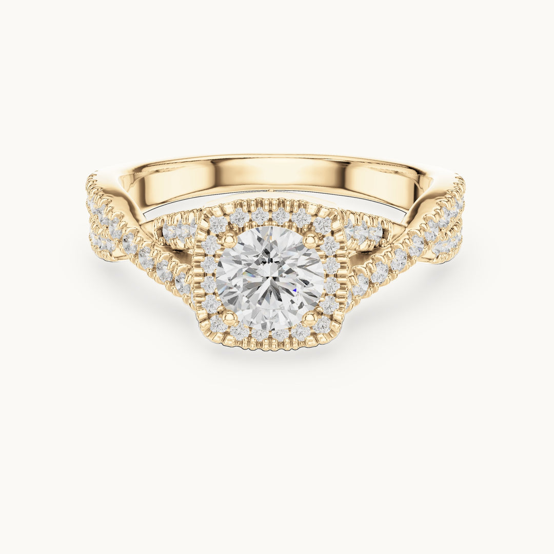Round lab-grown diamond twisted pavé halo engagement ring in yellow gold, 1.27 CT TW, view 4