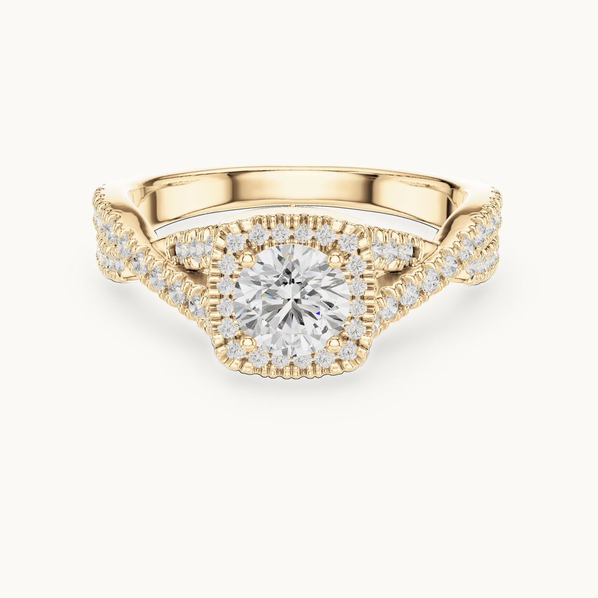 Round lab-grown diamond twisted pavé halo engagement ring in yellow gold, 1.27 CT TW, view 4