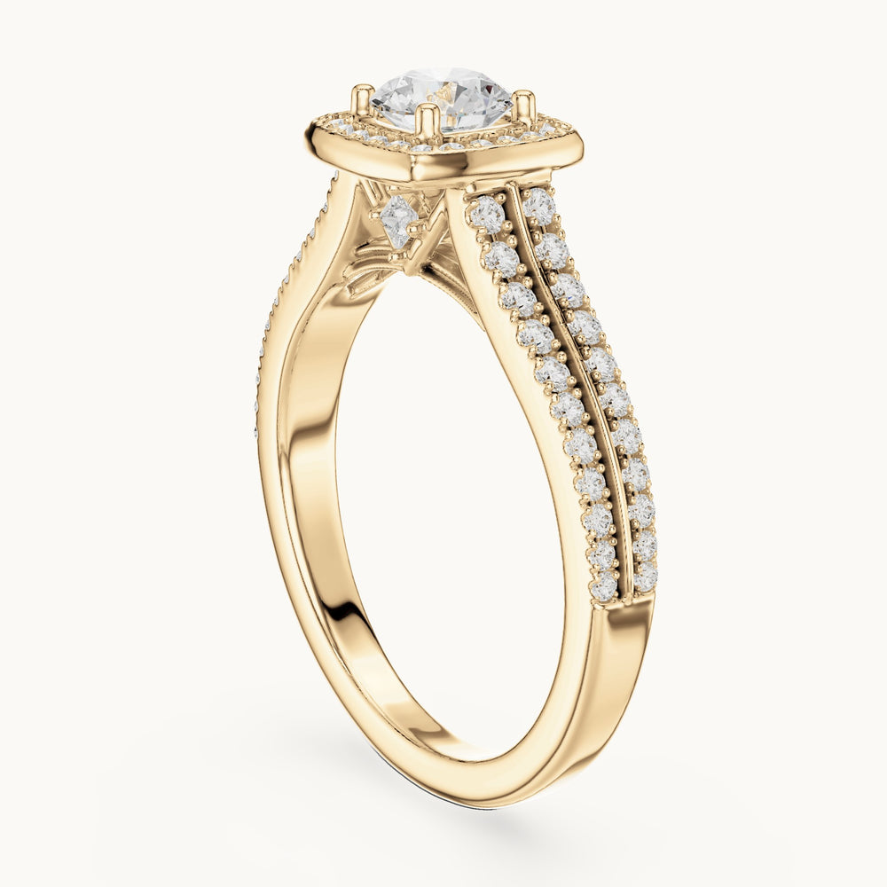 Round lab-grown diamond cushion halo engagement ring with pavé band in yellow gold, 0.994 CT TW, view 1