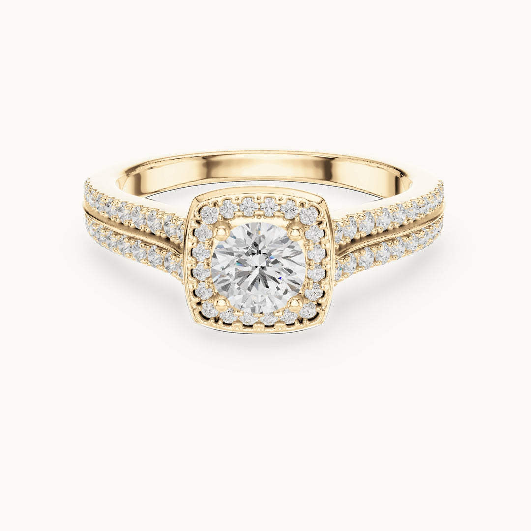 Round lab-grown diamond cushion halo engagement ring with pavé band in yellow gold, 0.994 CT TW, view 4
