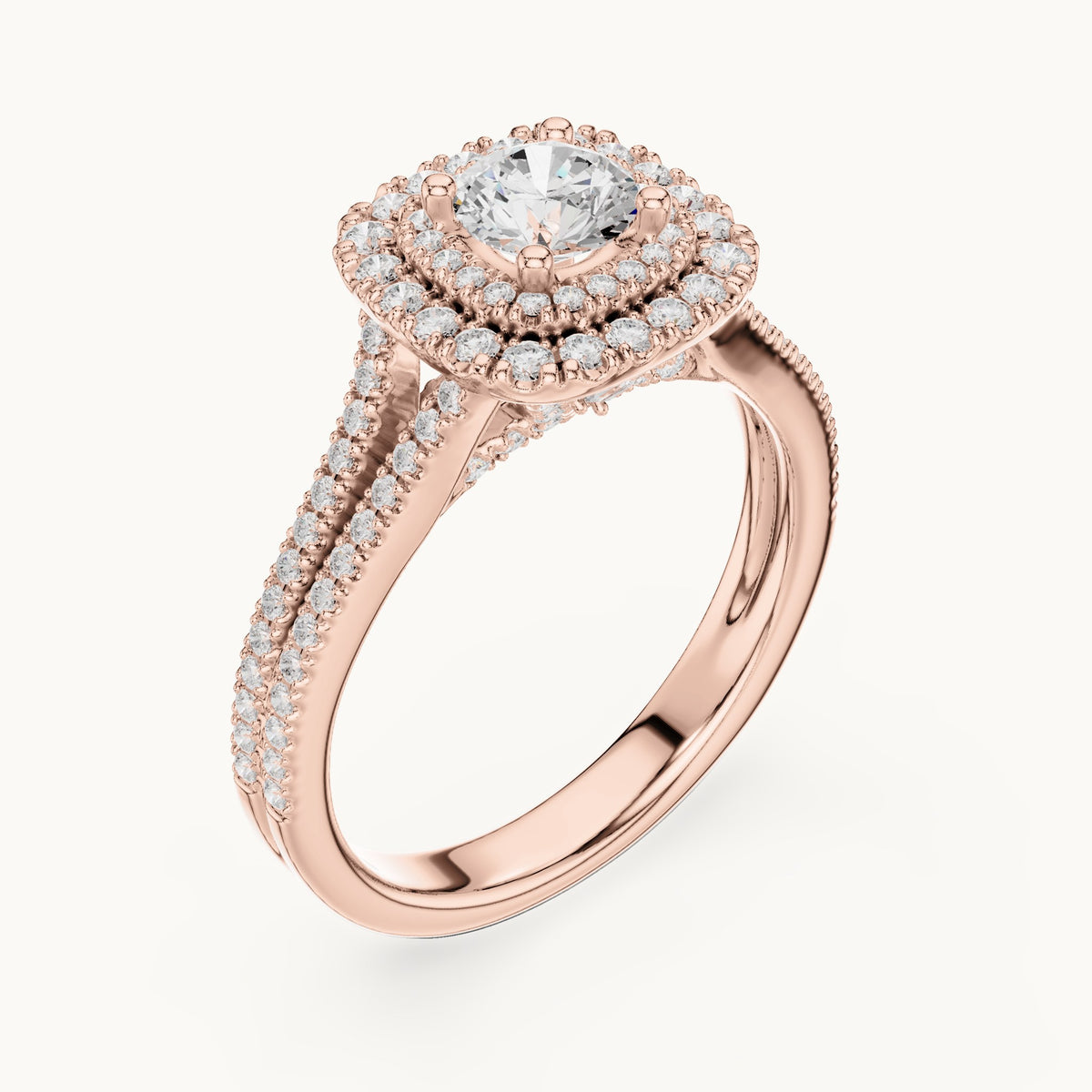 Round lab-grown diamond split shank double halo engagement ring in rose gold, 1.30 CT TW, view 2