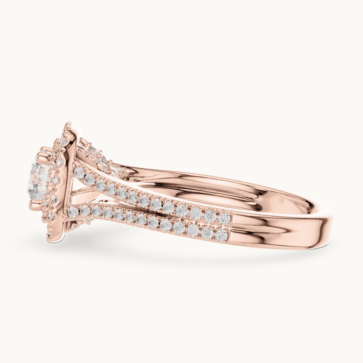 Round lab-grown diamond split shank double halo engagement ring in rose gold, 1.30 CT TW, view 3