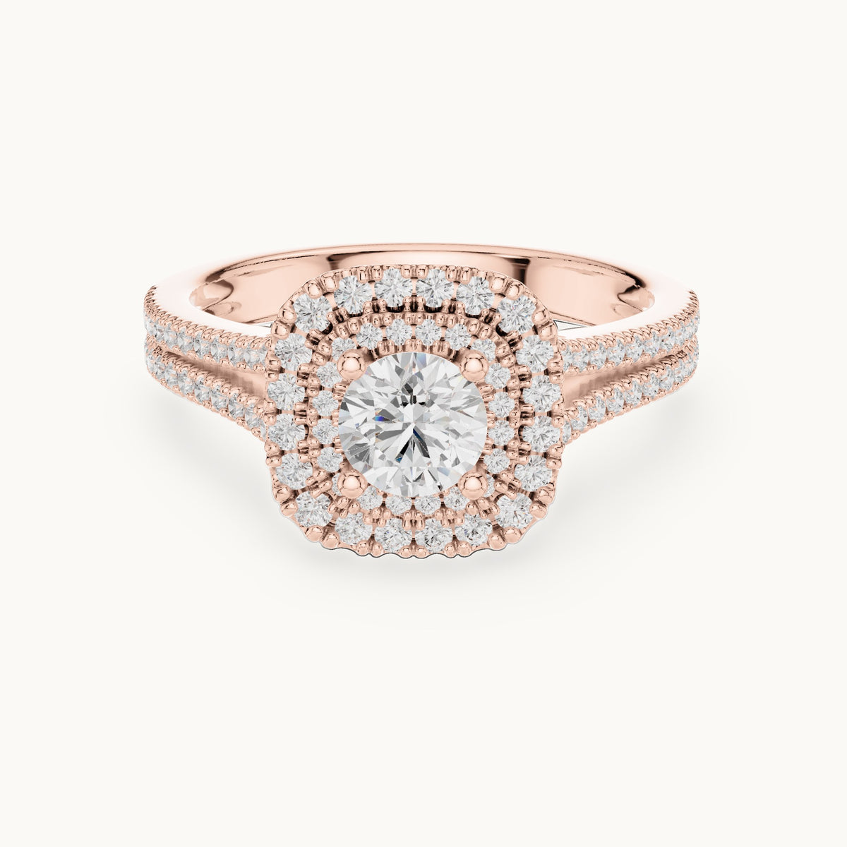 Round lab-grown diamond split shank double halo engagement ring in rose gold, 1.30 CT TW, view 4