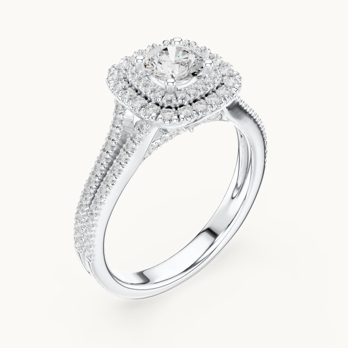 Round lab-grown diamond split shank double halo engagement ring in white gold, 1.30 CT TW, view 2