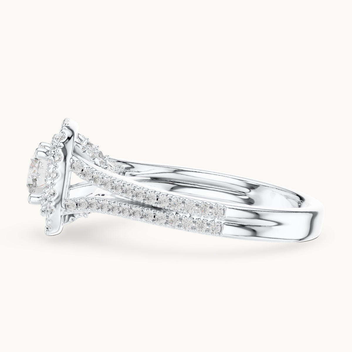 Round lab-grown diamond split shank double halo engagement ring in white gold, 1.30 CT TW, view 3