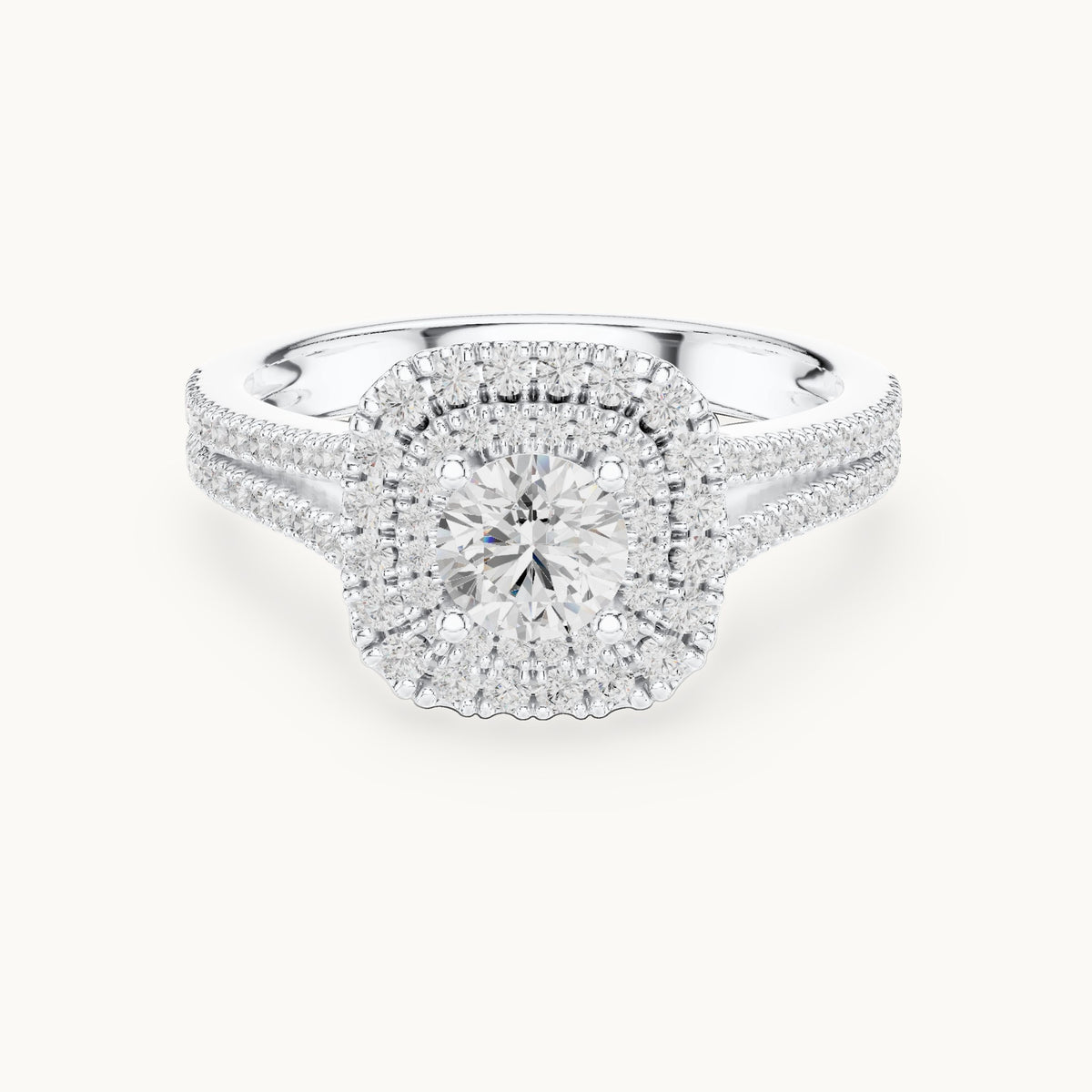 Round lab-grown diamond split shank double halo engagement ring in white gold, 1.30 CT TW, view 4