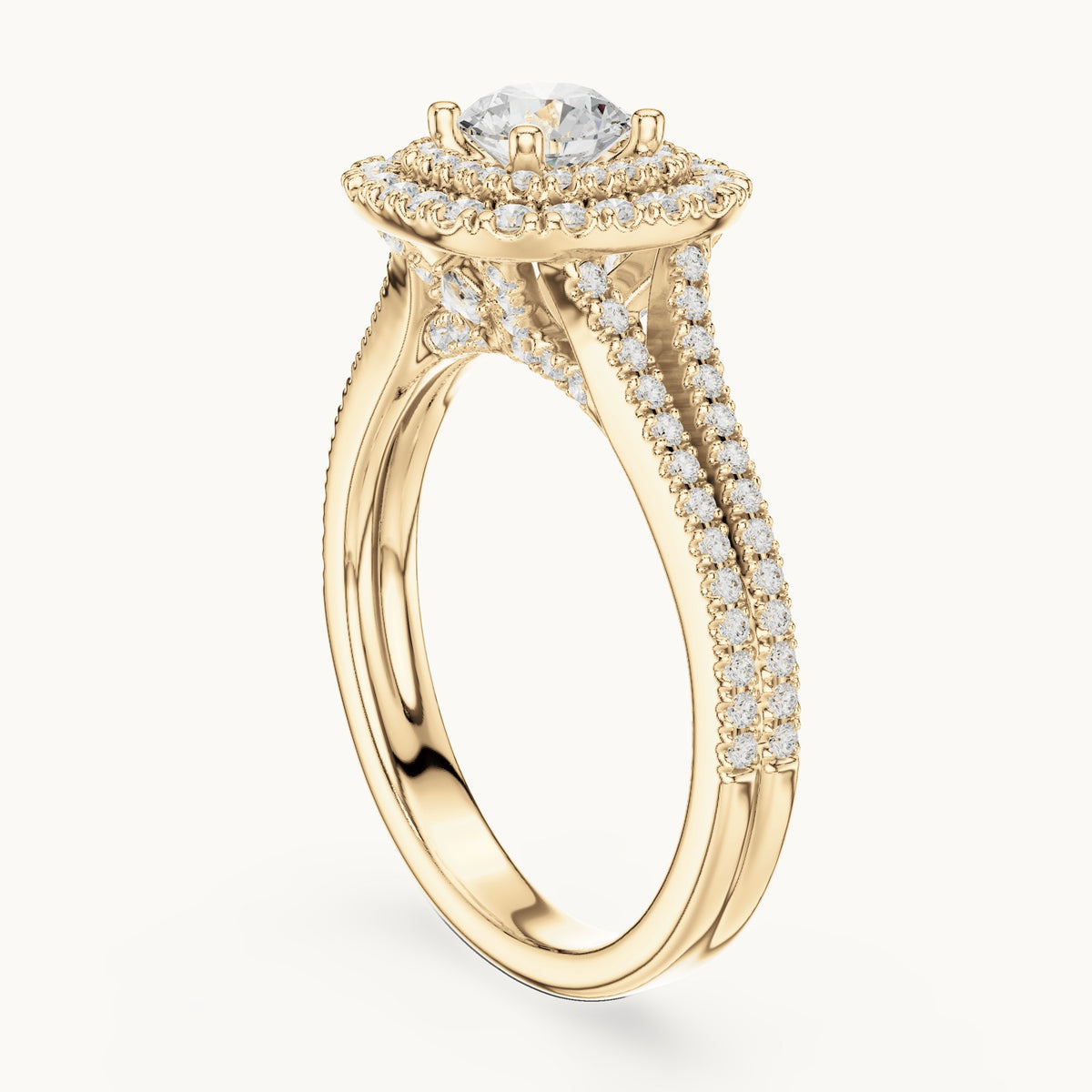 Round lab-grown diamond split shank double halo engagement ring in yellow gold, 1.30 CT TW, view 1