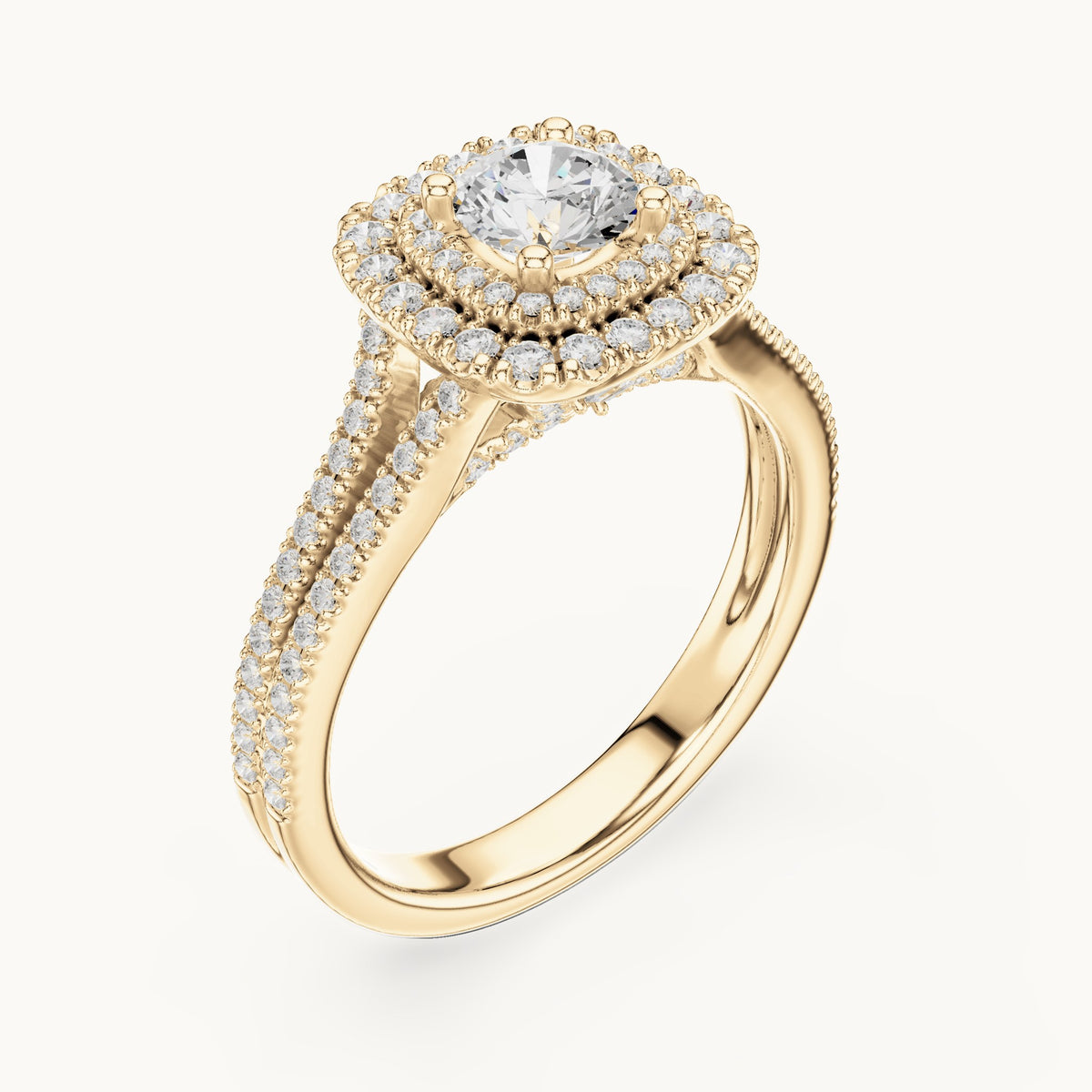 Round lab-grown diamond split shank double halo engagement ring in yellow gold, 1.30 CT TW, view 2