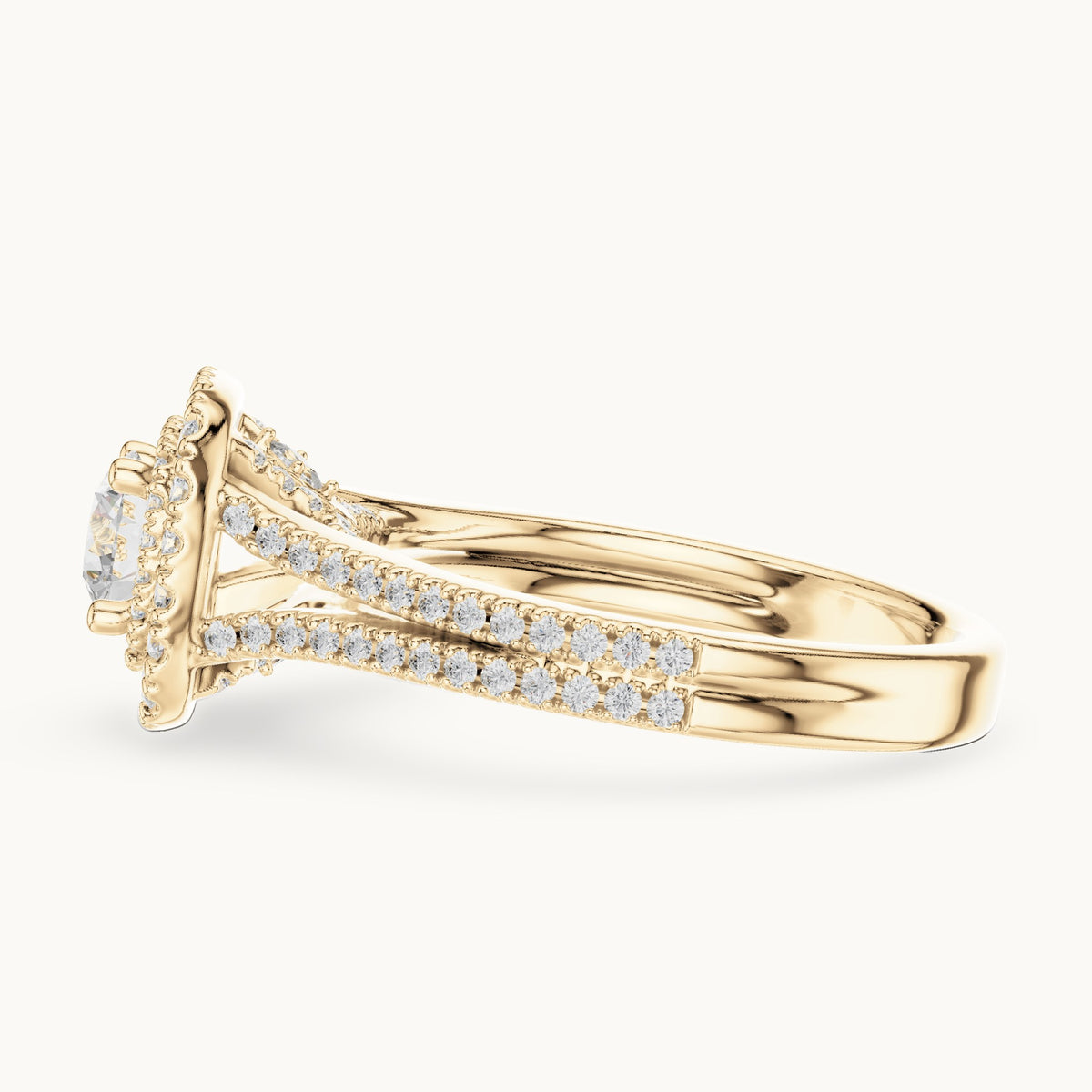 Round lab-grown diamond split shank double halo engagement ring in yellow gold, 1.30 CT TW, view 3