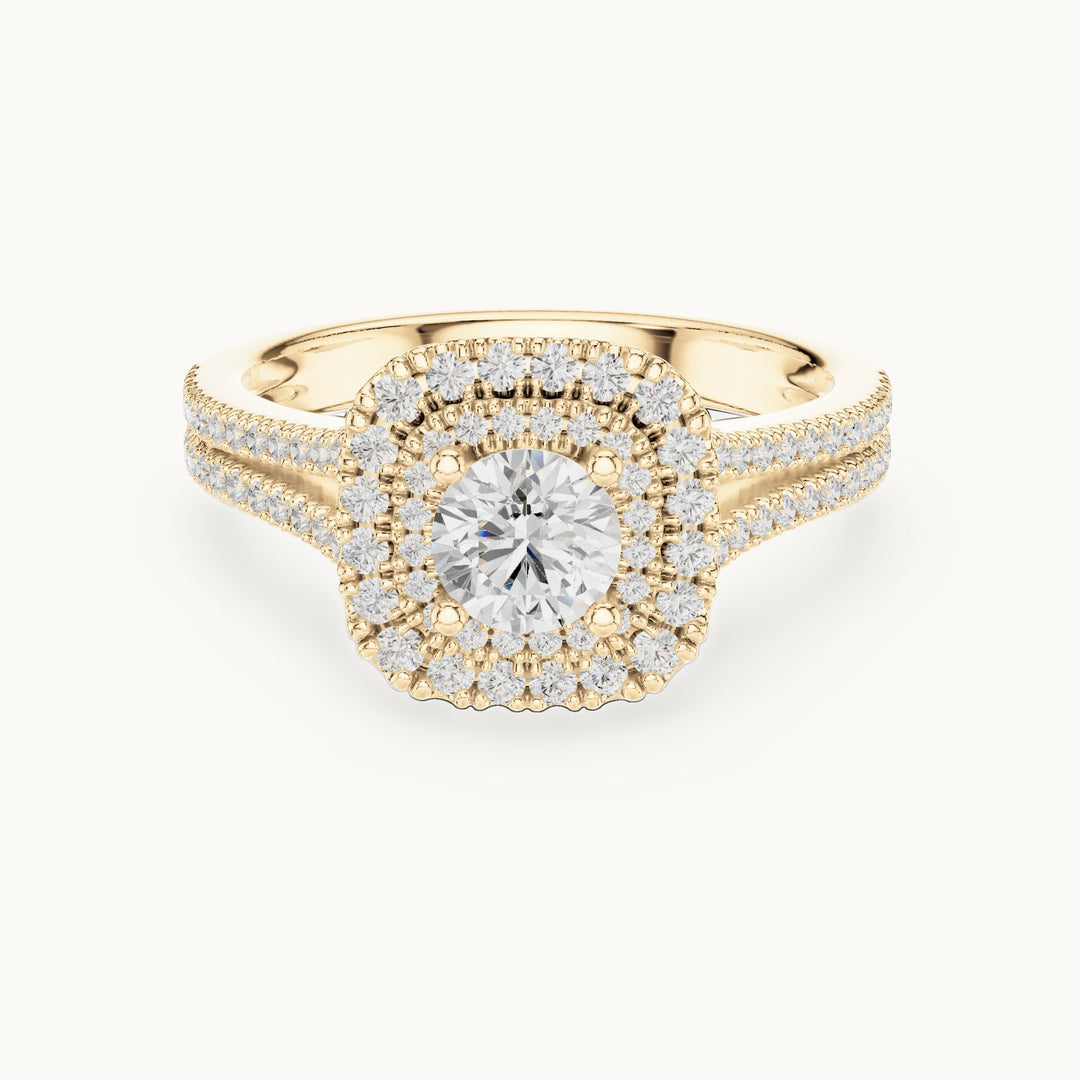 Round lab-grown diamond split shank double halo engagement ring in yellow gold, 1.30 CT TW, view 4